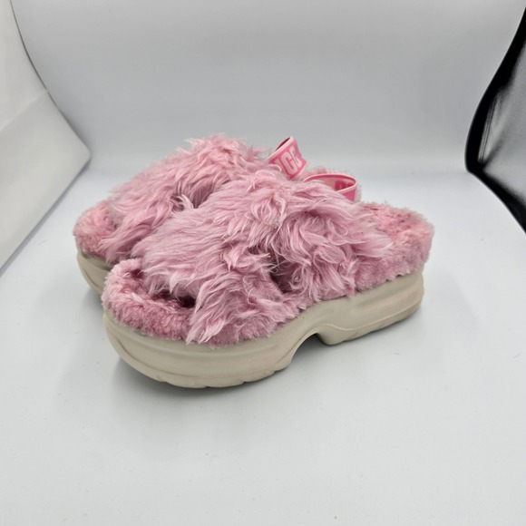 UGG Fluff Sugar Platform Sandal Pink Faux Fur Comfort Slides Womens Size 8 - Picture 1 of 8
